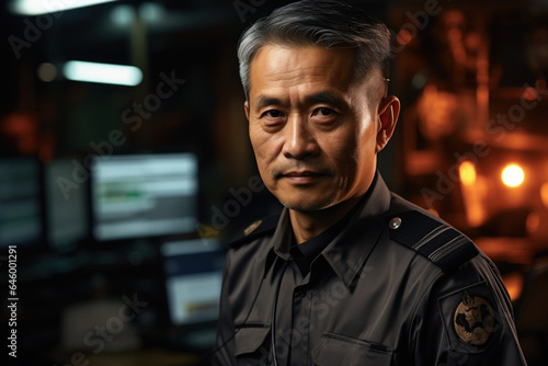 Close up portrait of mature asian male security guard in surveillance room.