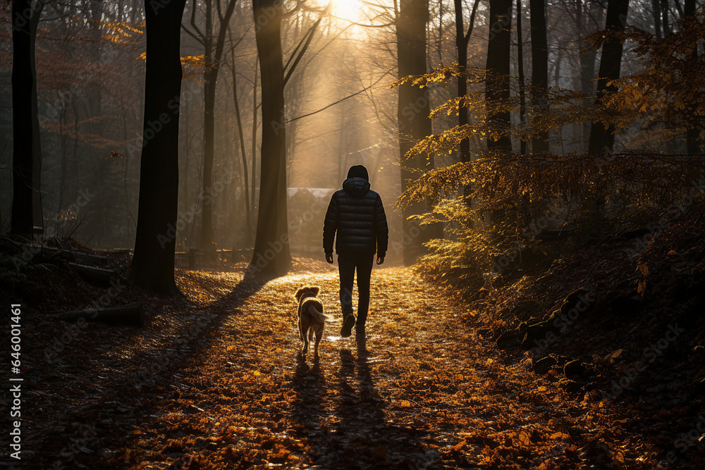 A man walking his dog along a leaf-strewn path in the woods