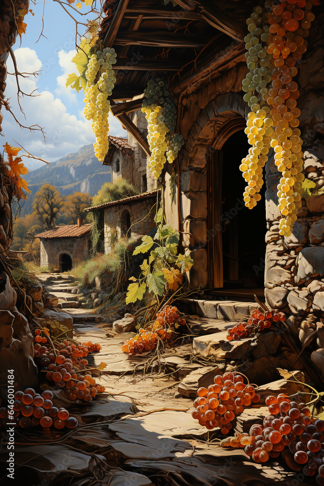Fototapeta premium Grapes in the fall with a small barn, in the style of greg olsen, dark gold and yellow. AI generative
