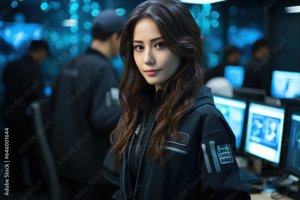 Young beautiful asian female security guard in surveillance room Young beautiful asian female security guard in surveillance room
