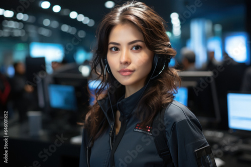 Young beautiful asian female security guard in surveillance room