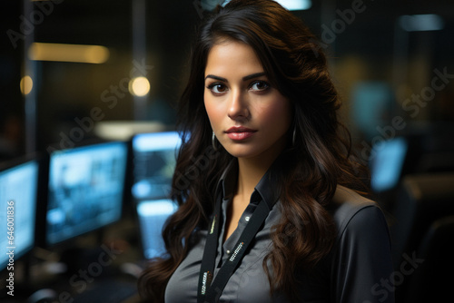 Portrait of beautiful indian female security guard in surveillance room