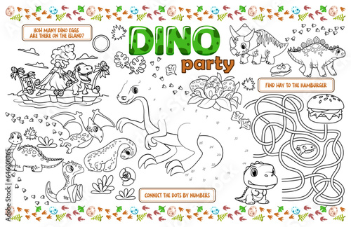 Festive placemat for children. Dino Party Printable activity sheet with Maze  Connect the Dots and Coloring page. 17x11 inch printable vector file