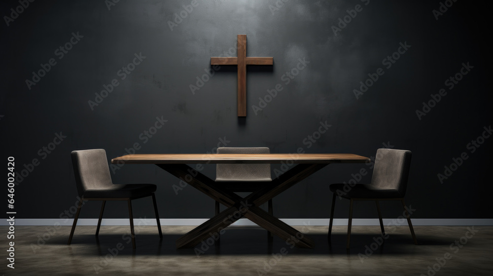 Wooden table and chairs in the room with a cross in the background. Christian home interior
