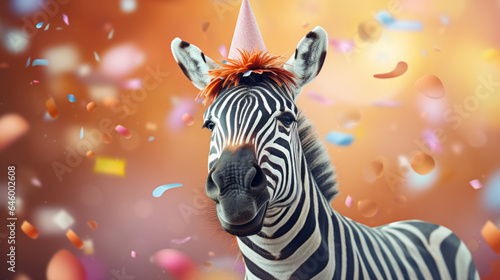 Happy zebra smiling wearing hat with flying confetti. Birthday concept