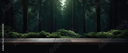Empty wooden table in dark forest. Ready for product display montage