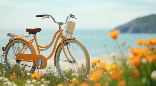 Bicycle in a meadow with flowers and the sea in the background © Faith Stock
