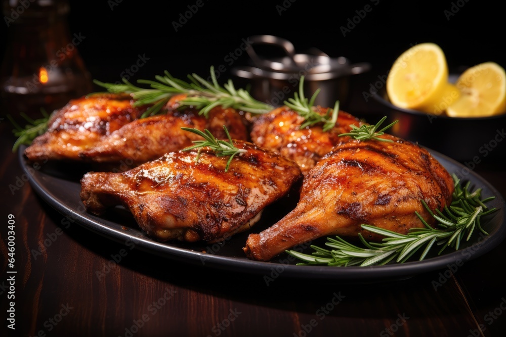 Appetizing grilled juicy chicken with golden brown crust served with lemon and rosemary