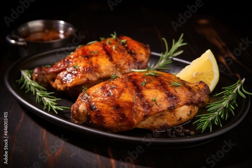 Appetizing grilled juicy chicken with golden brown crust served with lemon and rosemary