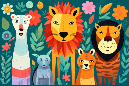 Kids illustration of abstract zoo animals with flowers and plants. Colorful nursery art, beautiful artistic image for poster, wallpaper, art print.