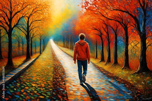 othic art, a young man, walking, road to peace, colorful,