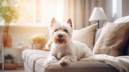 Westie terrier thrives in urban apartment living. Cozy and stylish home atmosphere photo