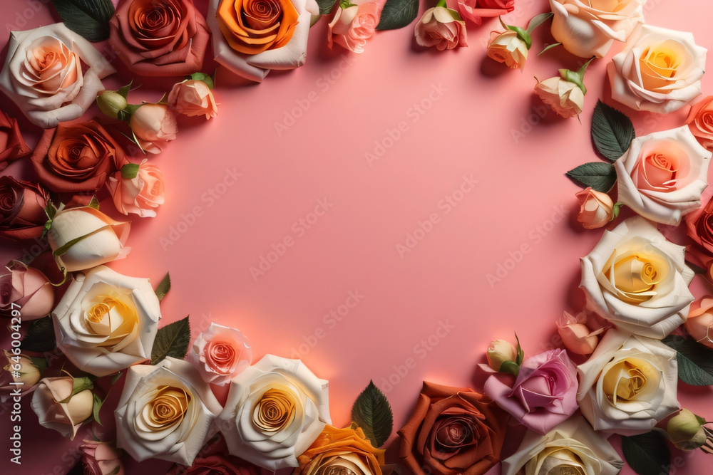 A frame of flowers on a pink background, roses frame, with empty space suitable for displaying a product or adding design