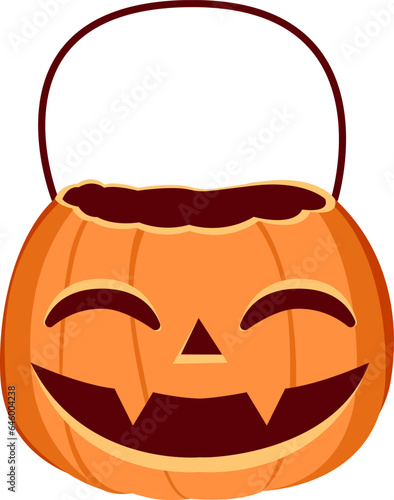 Smiling Pumpkin Bucket - Halloween Candy Holder  Isolated : An empty pumpkin-shaped bucket designed for holding candy during Trick or Treat on Halloween. The pumpkin features a carved smiling face.