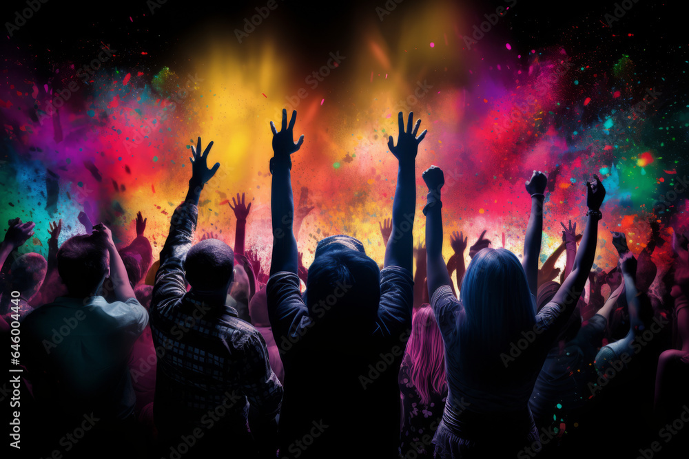 Silhouette of excited audience, with colourful music notes background