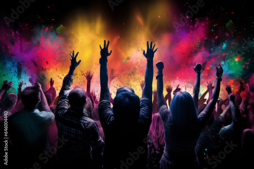 Silhouette of excited audience, with colourful music notes background
