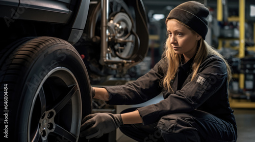 Female car mechanic working in garage and changing wheel alloy tire. Repair or maintenance auto service.
