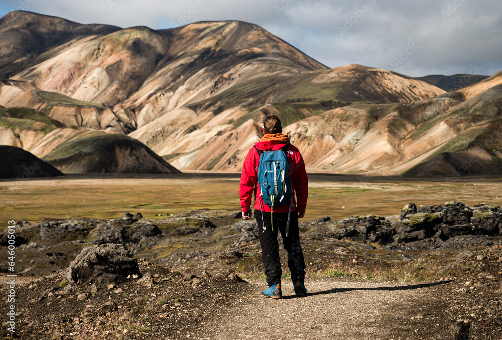 Obraz premium Adventurous man in red jacket and blue backpack hiking through stunning rainbow mountain Landmannalaugar deep inside Iceland