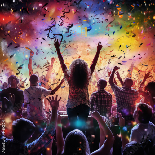 Wallpaper Mural Silhouette of excited audience, with colourful music notes background Torontodigital.ca