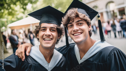 Happy smiling graduating friends in an academic gowns standing in front of college