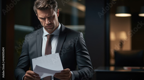 Businessman reads a contract in his office. Businessman reads a notice of dismissal.