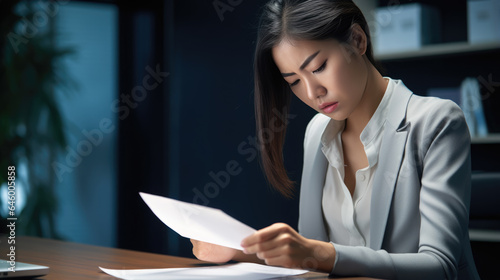 Businesswoman reads a contract in her office. Frustrated businesswoman reads a notice of dismissal.