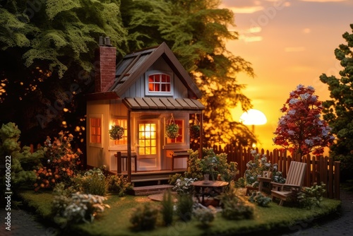 A mini model house with a garden at sunset. New home, business, investment and real estate concept.