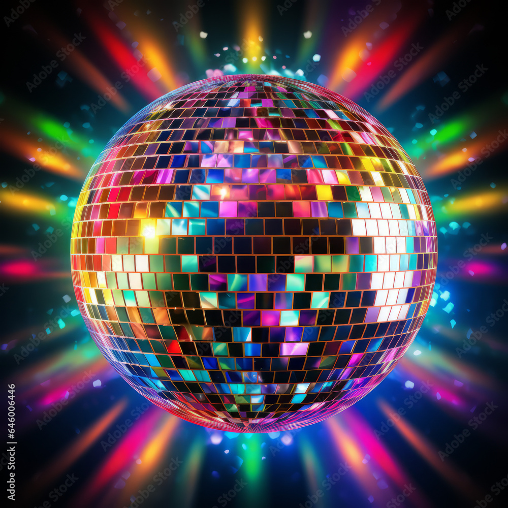 Obraz premium Disco ball illustration, multicolor music background (events, flyers etc.), with space for text