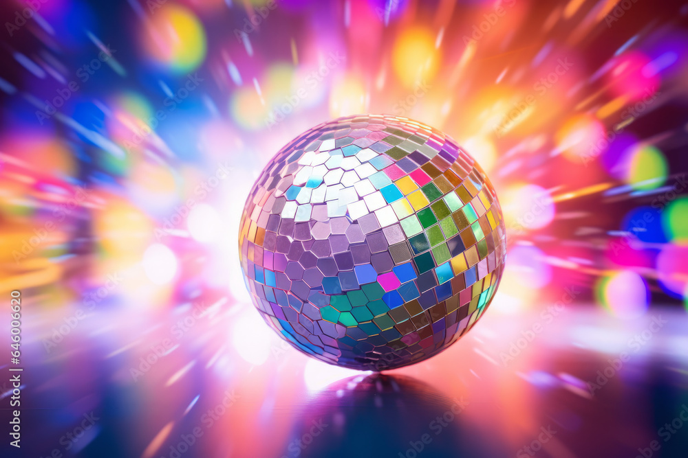 Obraz premium Disco ball illustration, multicolor music background (events, flyers etc.), with space for text