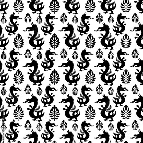 dragons in the rainforest. black and white seamless pattern. decorative cover. print. pattern.