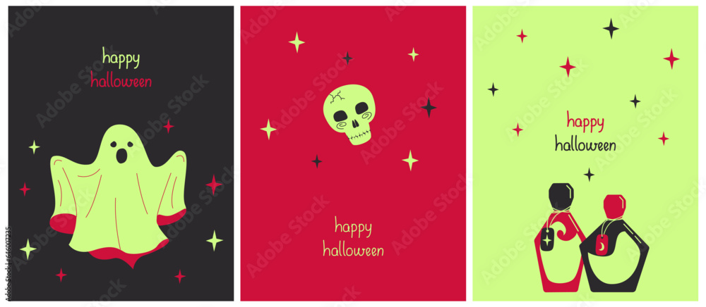 Cute Hand Drawn Halloween Cards. Ghost, Skull and Potions with stars on a black, red, green Background. Happy Halloween