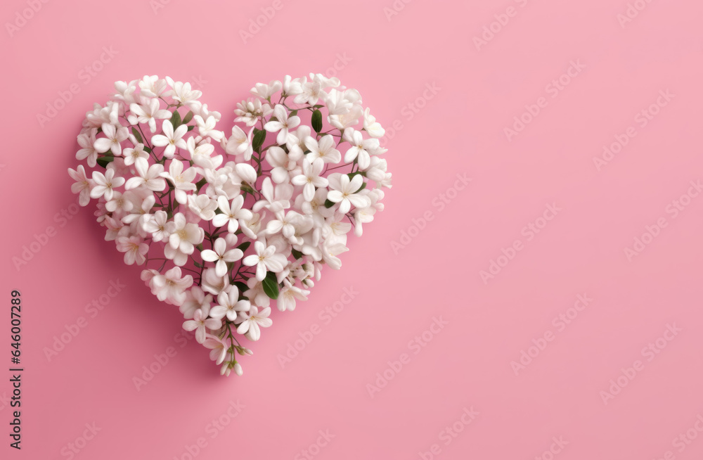 heart shape jasmine flower arrangement in pink background with copy space