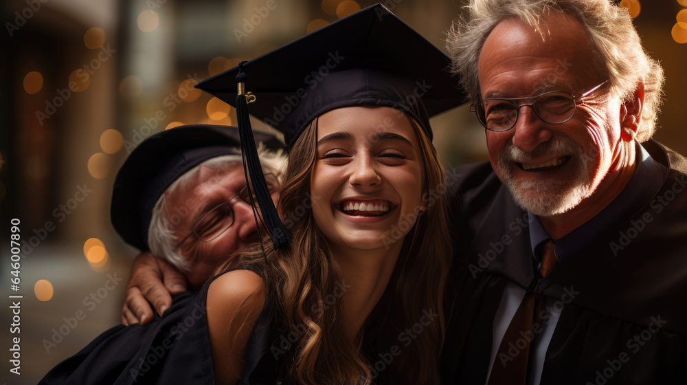 Happy smiling graduate hugs his parents after the graduation ceremony.