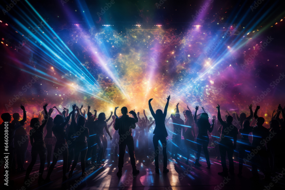 Disco laser - silhouette of people dancing under disco laser beam - obrazy, fototapety, plakaty 
