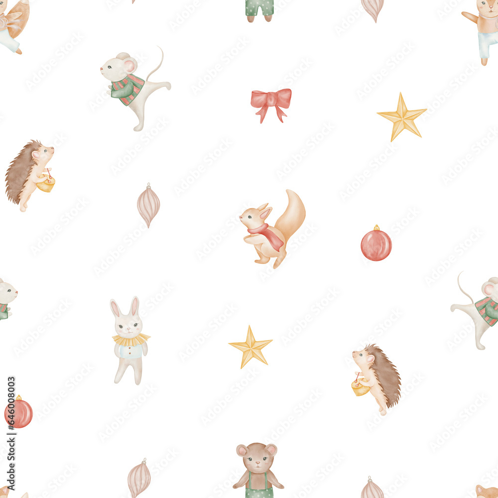 Obraz premium cute Christmas pattern with forest animals such as squirrel, hedgehog ,mouse and Christmas tree toys