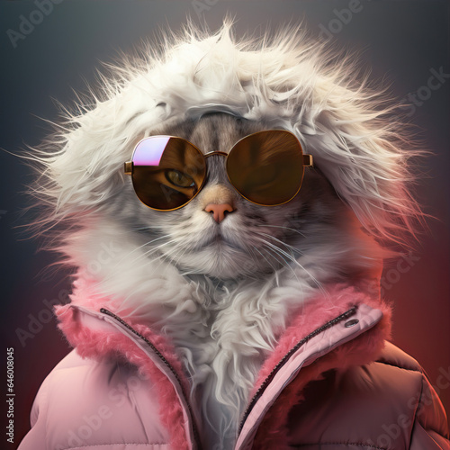 Funny and serious white cat in a pink jacket and glasses
