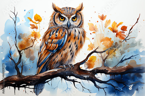 An brown owl standing on a branch drawn with watercolor isolated on background