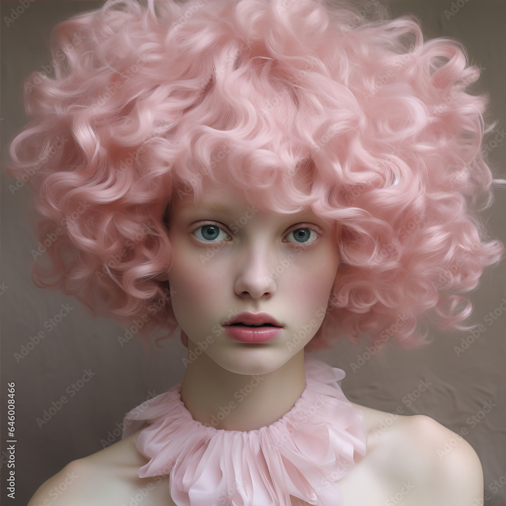 Portrait of a girl with lush, curly, pink hair Portrait of a girl with lush, curly, pink hair