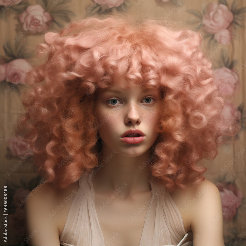 Portrait of a girl with lush, curly, pink hair