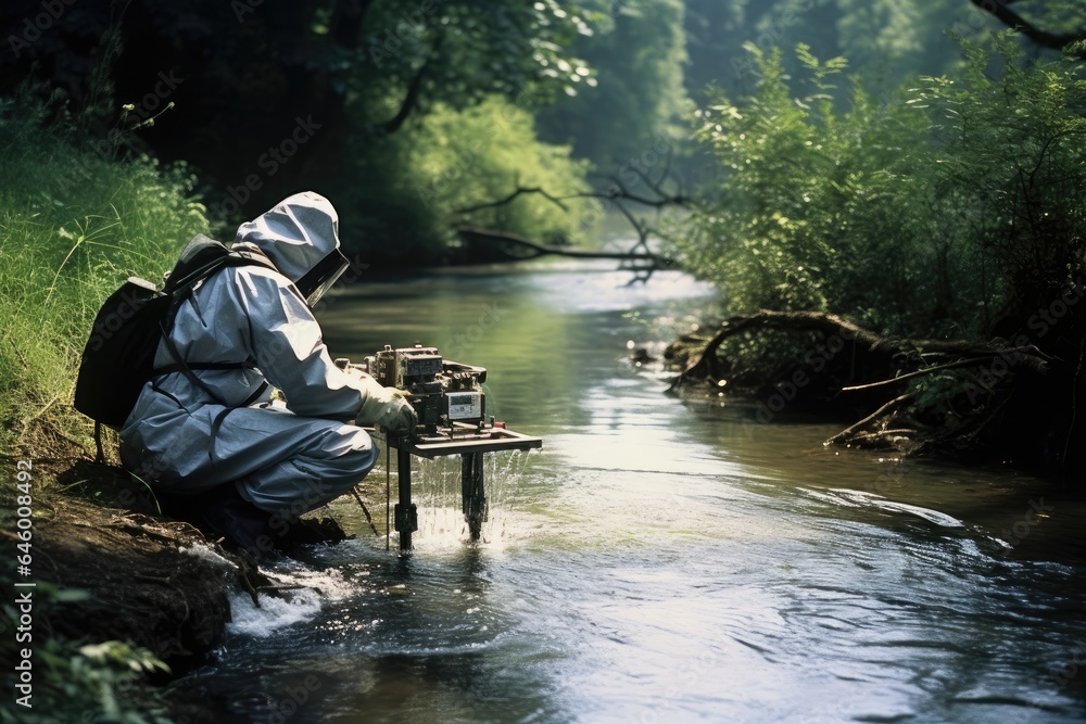 A scientist takes samples of water in the river.