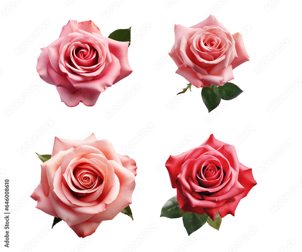 Image group of rose flowers on white background. Nature. Illustration, Generative AI.