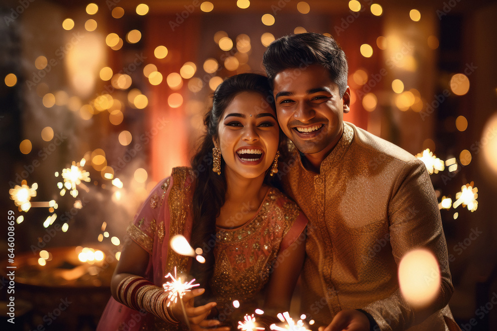 Couple holding burning sparklers in hand and celebrating diwali festival.