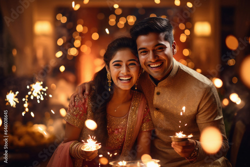 Couple holding burning sparklers in hand and celebrating diwali festival.