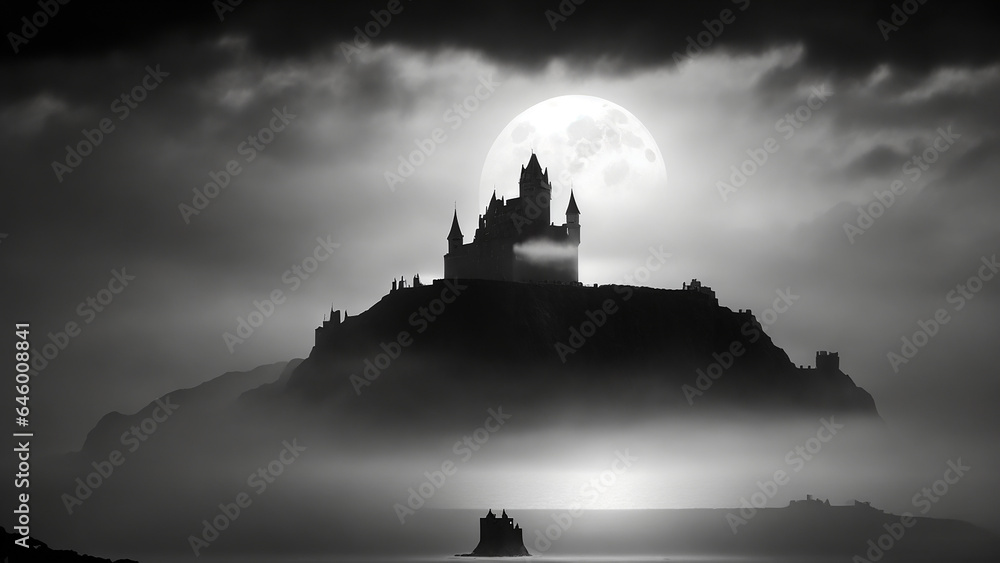 A castle in the middle of an ocean. The castle appears mysterious and enchanting, shrouded in mist and fog - AI Generative