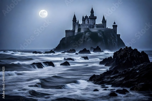 A castle in the middle of an ocean. The castle appears mysterious and enchanting, shrouded in mist and fog - AI Generative