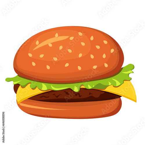 Big burger with meet, melting cheese and lettuce between buns. Hamburger, American fast food. Cheeseburger with cutlet, salad and sauces. Flat cartoon vector illustration isolated on white background