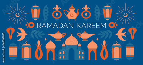 Set of simple modern clip arts with traditional islamic elements, mosque, moon, flower, leaf, bird, oil lamp, teapot, arabian, turkish lantern. Ramadan Kareem. Eid al-Fitr. Eid Mubarak. Flat icons. 