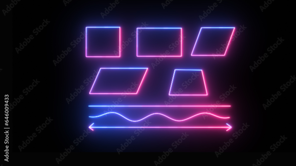 Realistic set of neon frames different geometric shape. Different types of square, line and curve bright illuminated shape. Realistic set of neon frames different geometric shape. Different types of square, line and curve bright illuminated shape.