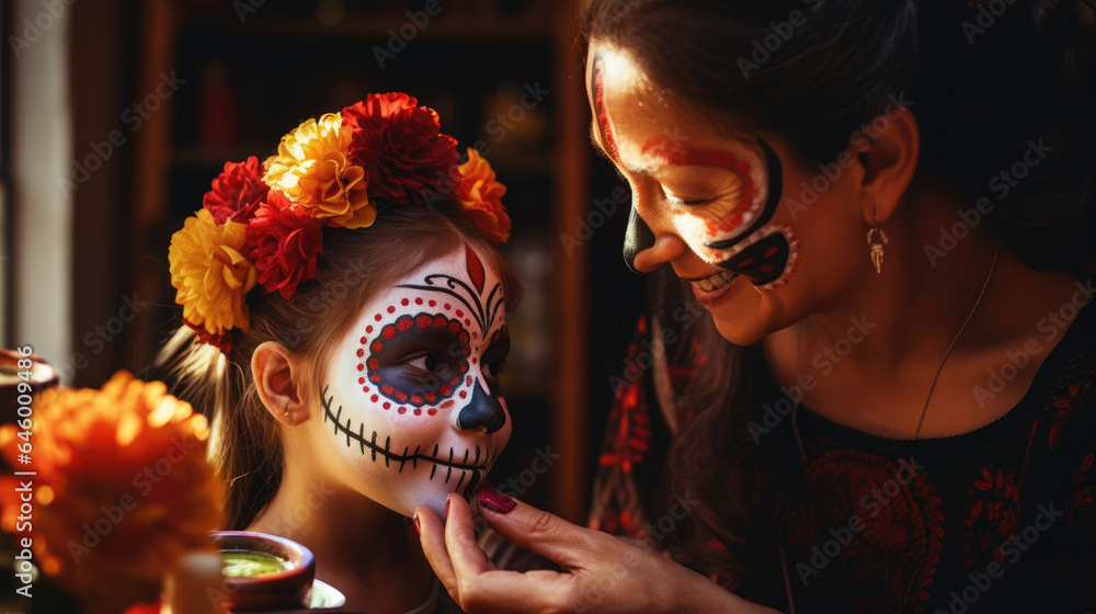 Mother and daughter doing makeup for the Mexican holiday Day of Death - obrazy, fototapety, plakaty 