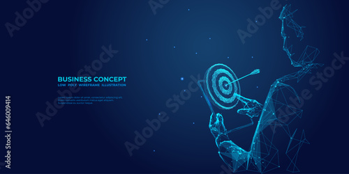 Abstract digital businessman touching target on a tablet. Success and goals concept. Financial. Futuristic low poly wireframe style. Polygonal geometric vector illustration on technology background.